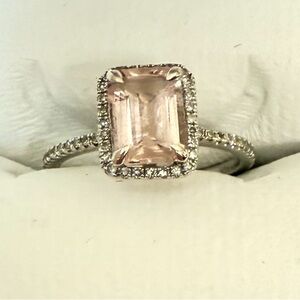 Emerald Cut Morganite Gemstone Ring with 14K White Gold Band